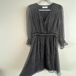 ba&sh Dolly Black Dotted Silk Mini Dress Sheer Sleeve VNeck Sz 1 US 6 Eurosummer
